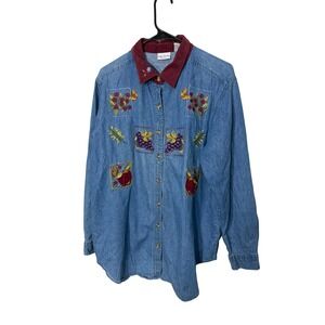Vintage Bobbie Brooks Denim Shirt Embroidered Fruit Butterflies Size 14/16